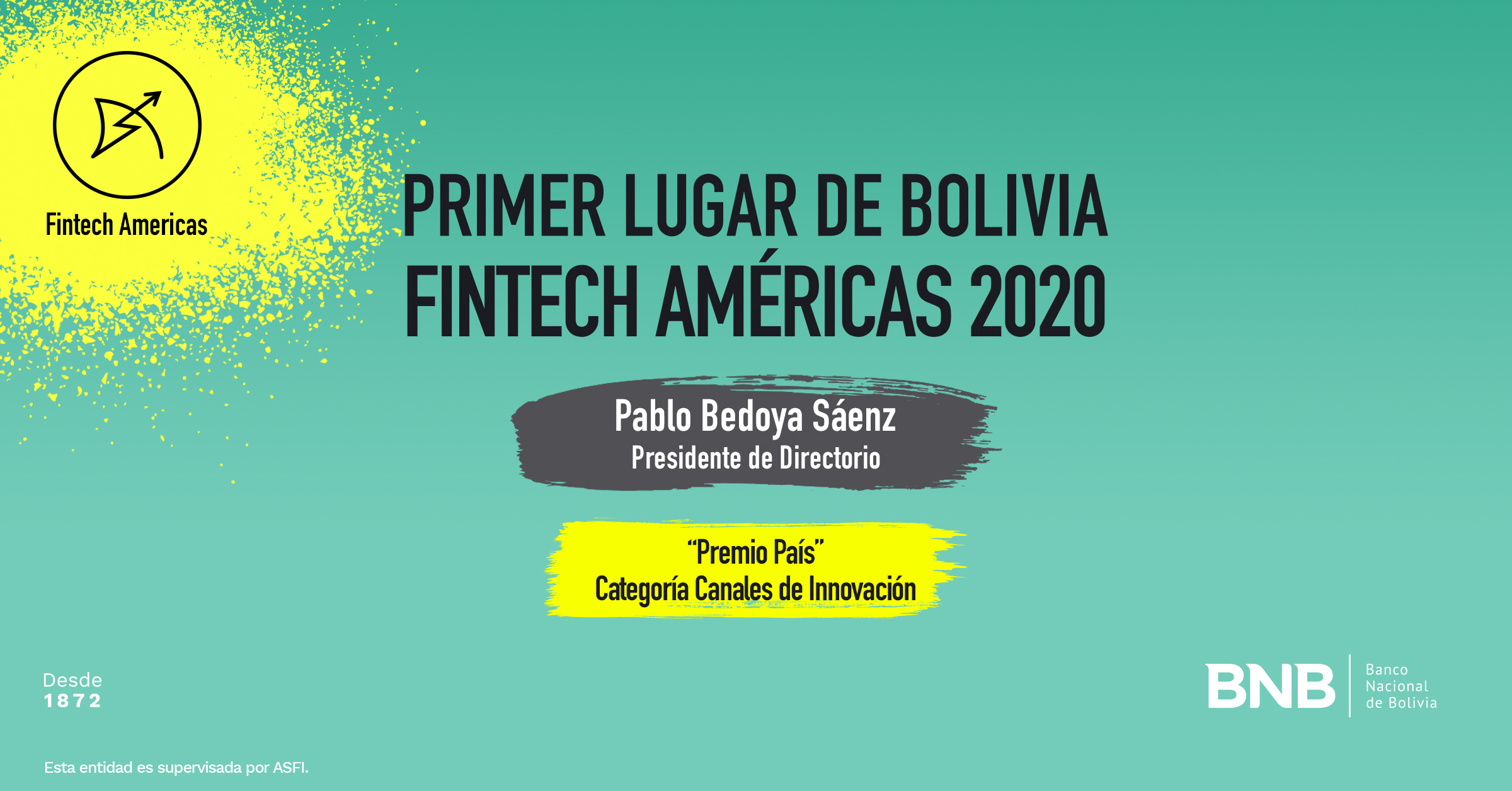 Pablo Bedoya, en nombre del BNB, recibe el primer lugar a los Innovadores Financieros en las Américas 2020.