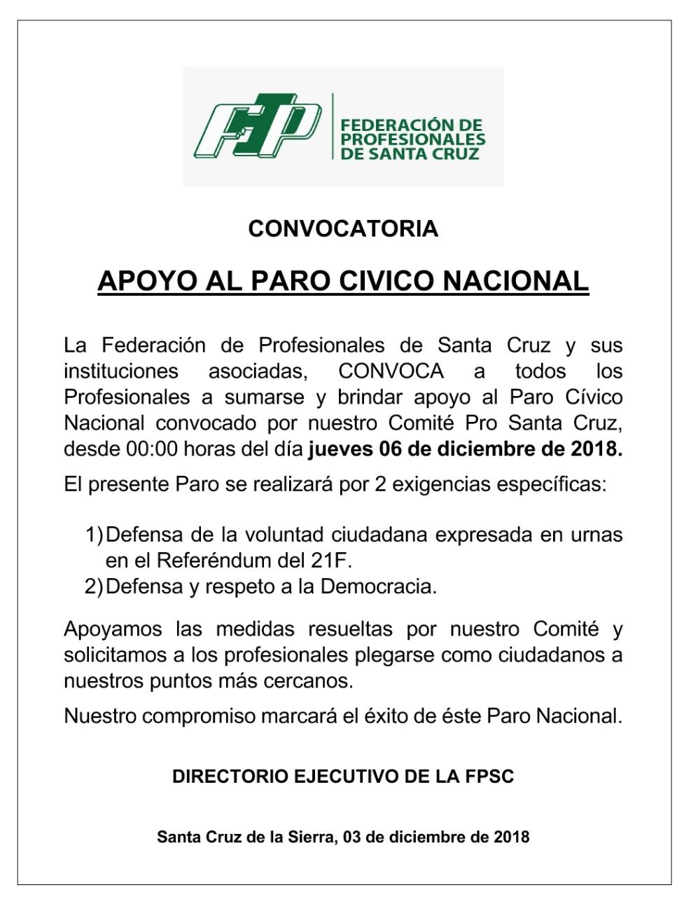 Federación de Profesionales de Santa Cruz convoca a apoyar el paro Cívico Nacional