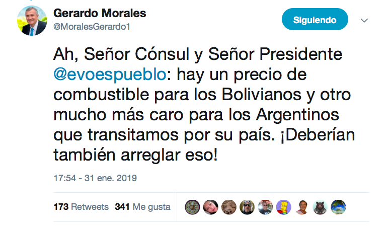 Gobernador de Jujuy, Argentina, reclama a Presidente boliviano sobre precio diferenciado de combustibles.